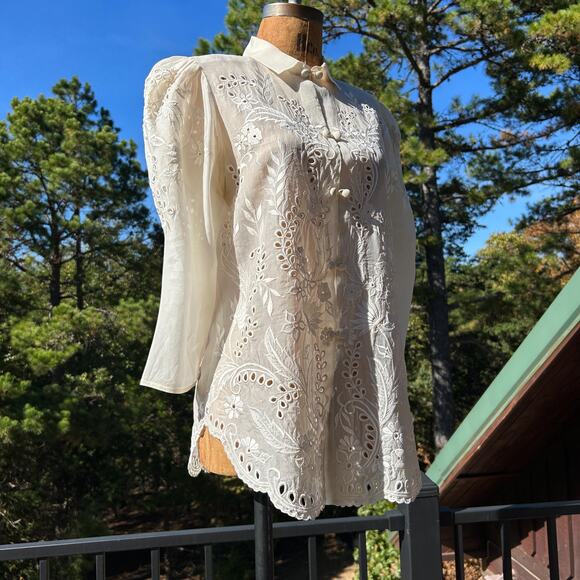Vintage 70s Sheer Puff Sleeve Scalloped Eyelet Organza Blouse Edwardian Coquette - Picture 6 of 8